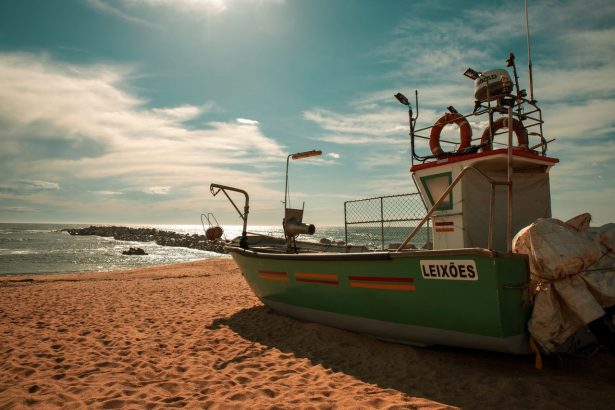 Embarcação de pesca junto à costa arenosa de Lavra, no distrito do Porto.